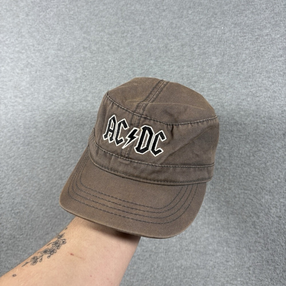 AC DC Band Hat Mens Cap Brown Military Cadet Castro Flat Top Washed Cotton Y2K